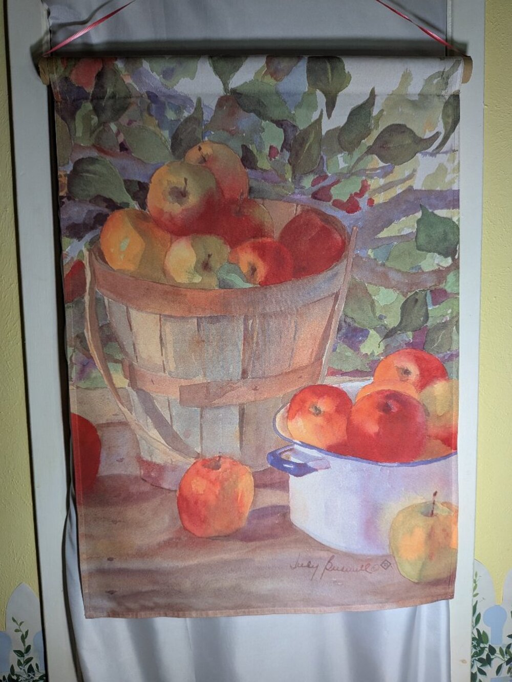 Vintage Toland Judy Buswell Apple Basket Garden Flag Watercolor Fall Harvest